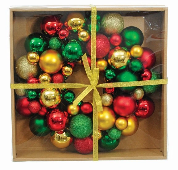 Декоративний вінок, 34 см, з кульок, пластик, мікс кольорів: черв., золот., зелен.