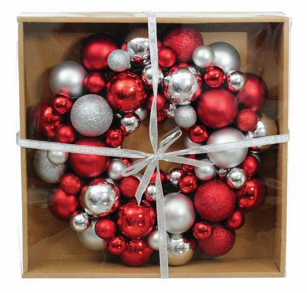 Декоративний вінок, 34 см, з кульок, пластик, мікс кольорів: червоний і срібло