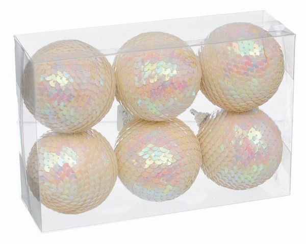 Набір пластикових кульок 6 шт, 6 см, айворі з блискітками