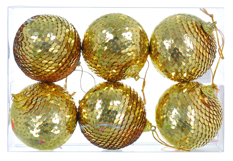 Ялинкові пластикові кульки Jumi комплект 6 шт, Ø 6 см, золоті паєтки