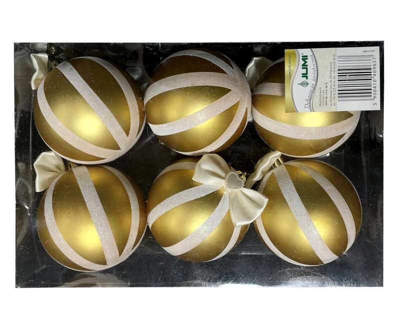 Ялинкові пластикові кульки "Jumi" комплект 6 шт, Ø 8 см, золоті з бантиком