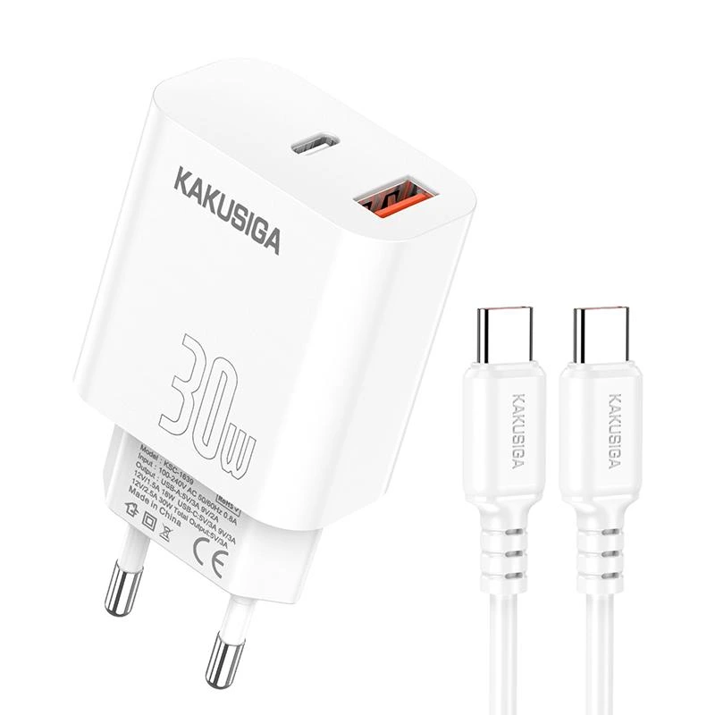 Зарядний пристрій Kakusiga KSC-1640 (1USB/USB-C/30W) + кабель Type-C - Type-C- білий