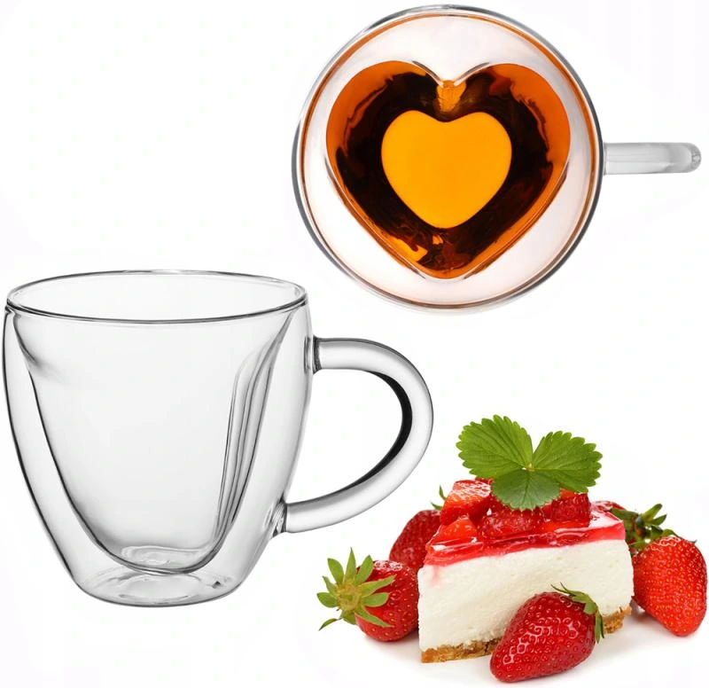 Набір 2 скляні чашки Kamille "Серце" 250мл, термочашки з подвійними стінками