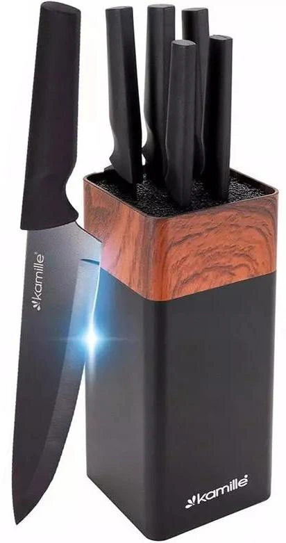 Набір 5 кухонних ножів Kamille Acacia Black з підставкою-колодою