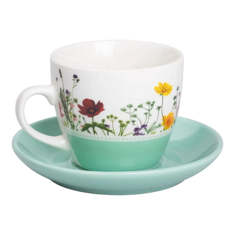 порцелянова чашка з блюдцем 250 мл з квітами Зелена RX-N24723GR — Liling Rongxiang Ceramic