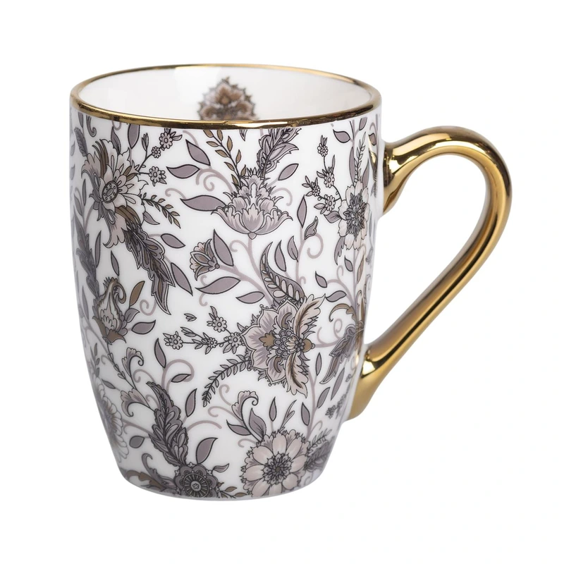 порцелянова чашка 400 мл із золотим обідком і золотою ручкою Сіра RX-N240665G