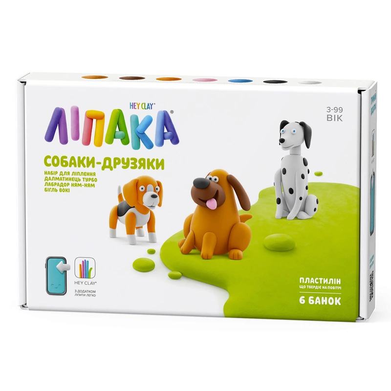 Набір пластиліну ЛІПАКА – СОБАКИ-ДРУЗЯКИ: ДАЛМАТИНЕЦЬ ТУРБО, ЛАБРАДОР НЯМ-НЯМ, БІГЛЬ ВОКІ — Lipaka