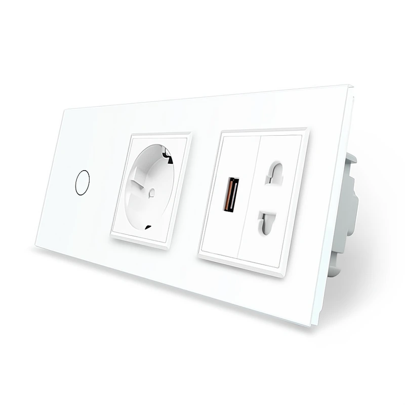 Сенсорний вимикач 1 сенсор 1 розетка 1 USB 1 розетка універсальна Livolo білий скло (VL-C701C1EU1USBC1A-11)