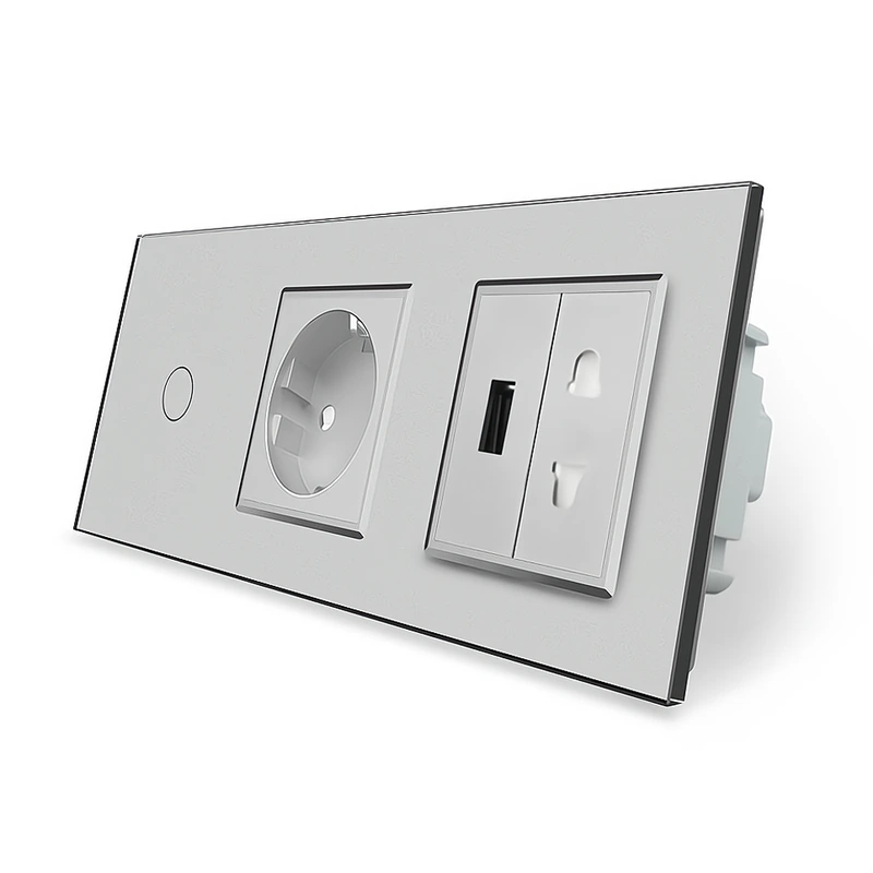 Сенсорний вимикач 1 сенсор 1 розетка 1 USB 1 розетка універсальна Livolo сірий скло (VL-C701C1EU1USBC1A-15)