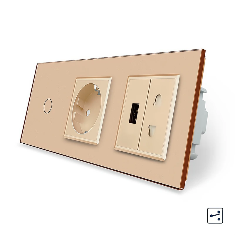 Сенсорний прохідний/перехресний вимикач 1 сенсор 1 розетка 1 USB 1 розетка універсальна Livolo золотий скло (VL-C701SC1EU1USBC1A-13)
