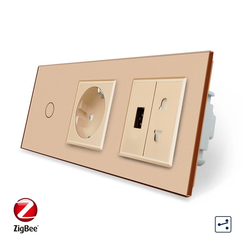 Розумний сенсорний прохідний/перехресний вимикач 1 сенсор 1 розетка 1 USB 1 розетка універсальна Livolo золотий скло (VL-C701SZC1EU1USBC1A-13)