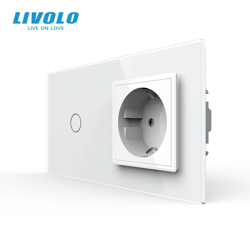 Сенсорний прохідний/перехресний вимикач 1 сенсор 1 розетка LIVOLO білий матове скло — Livolo