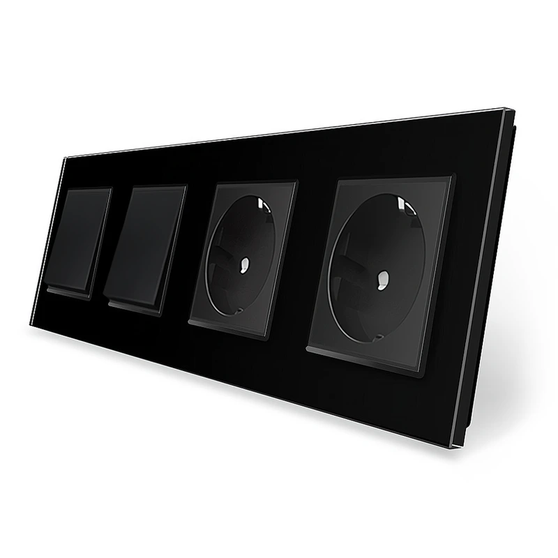 Двоклавішний вимикач (1-1) з подвійною розеткою LIVOLO чорний матовий скло — Livolo