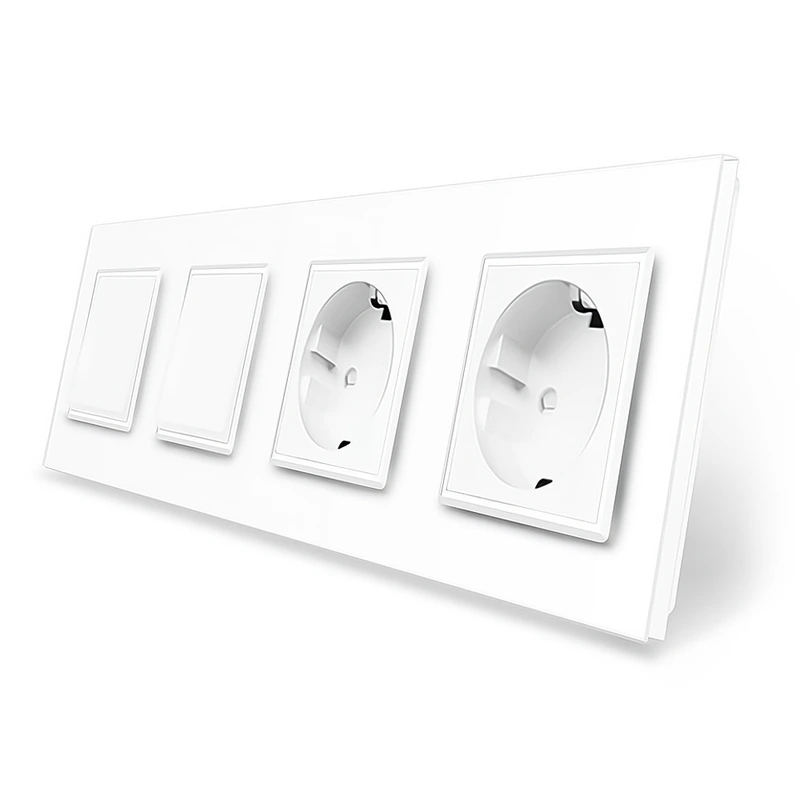 Двоклавішний вимикач (1-1) з подвійною розеткою Livolo білий скло (VL-C7K1/K1/FCTC16A/FCTC16A-8WP)