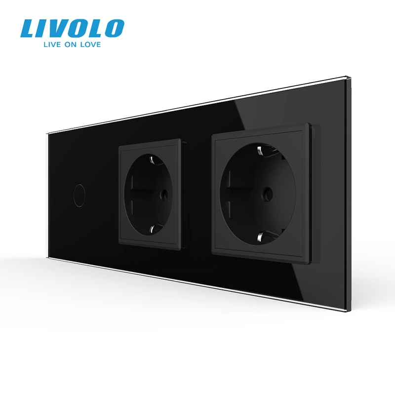Сенсорний вимикач 1 сенсор 2 розетки LIVOLO чорний матовий скляний — Livolo