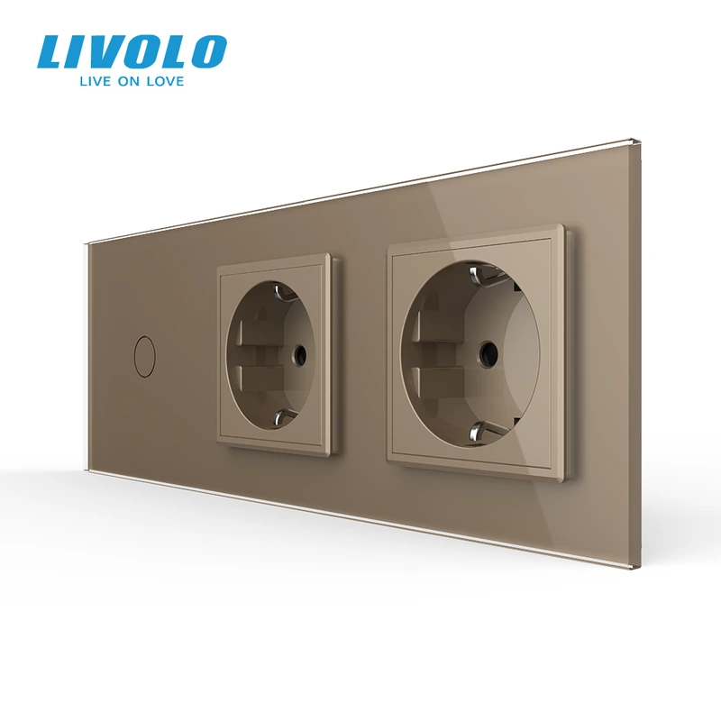Сенсорний прохідний/перехресний вимикач 1 сенсор 2 розетки LIVOLO золото матове скло — Livolo
