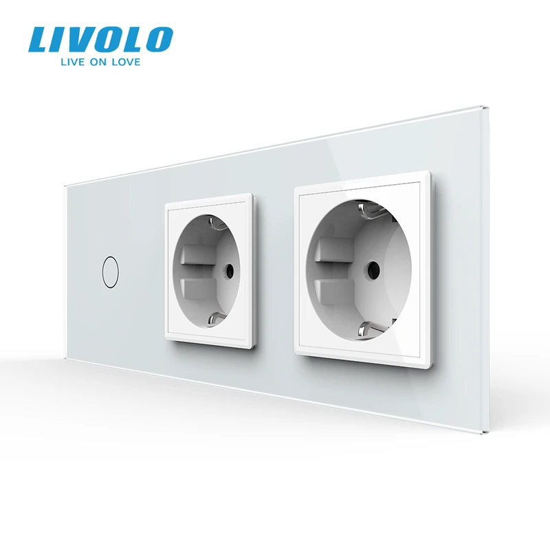 Сенсорний прохідний/перехресний вимикач 1 сенсор 2 розетки LIVOLO білий матове скло — Livolo