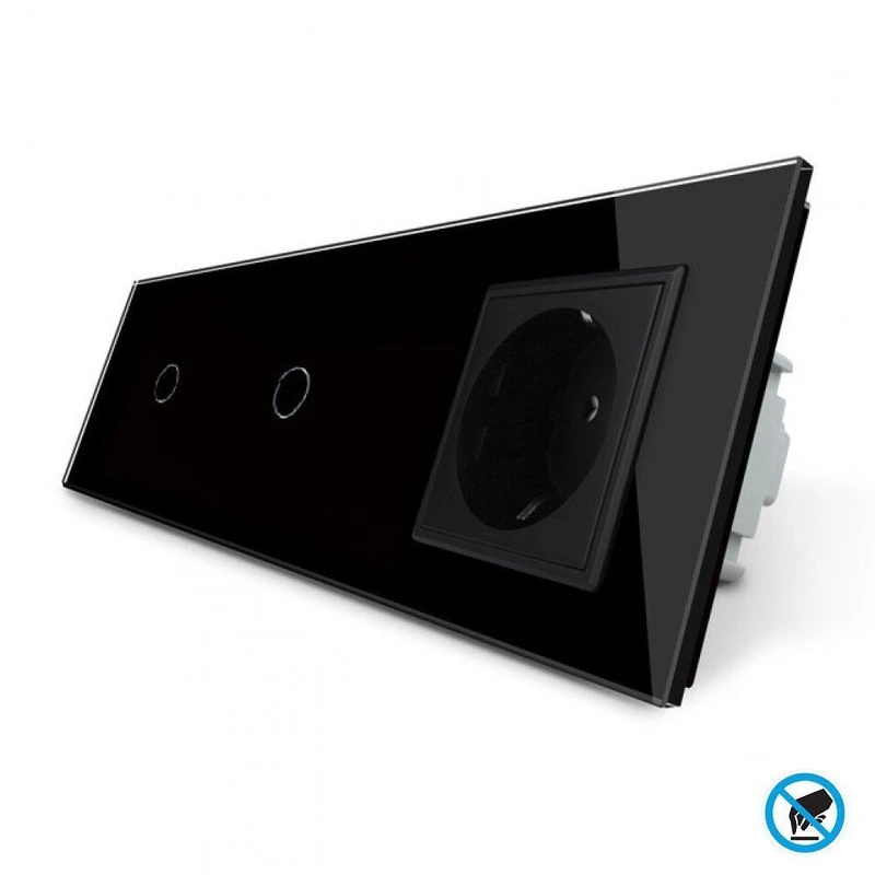 Безконтактний вимикач 2 сенсора (1-1) 1 розетка Livolo чорний скло (VL-C701/C701/C7C1EU-PRO12)