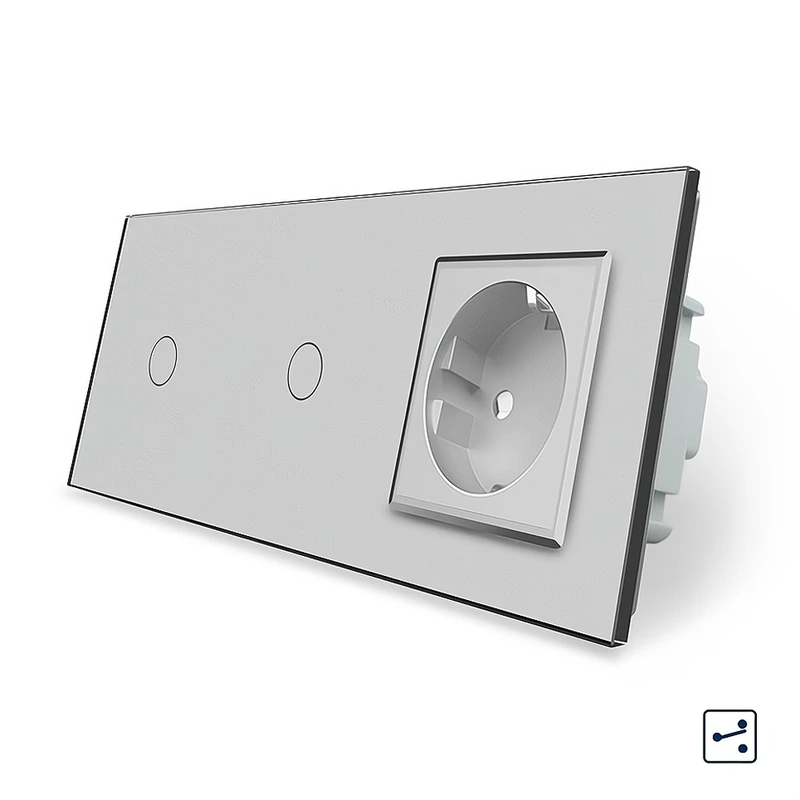 Сенсорний прохідний/перехресний вимикач 2 сенсора (1-1) 1 розетка Livolo сірий скло (VL-C701S/C701S/C7C1EU-15)