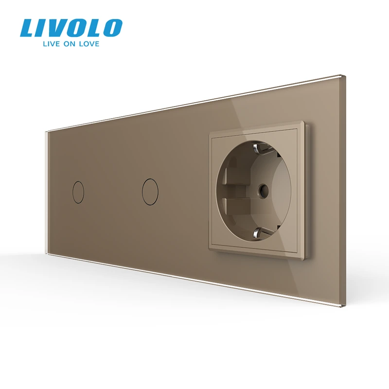 Сенсорний прохідний/перехресний вимикач 2 сенсора (1-1) 1 розетка LIVOLO золото матове скло — Livolo