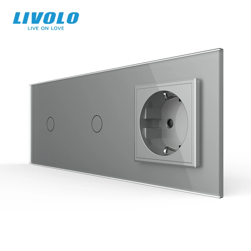 Сенсорний прохідний/перехресний вимикач 2 сенсора (1-1) 1 розетка LIVOLO сірий матове скло — Livolo