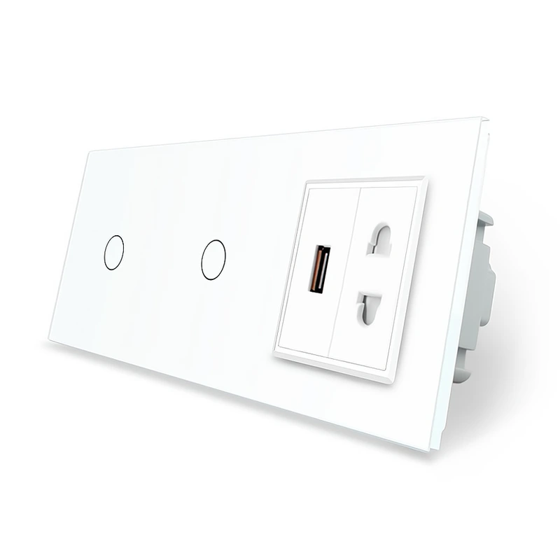 Сенсорний вимикач 2 сенсора (1-1) 1 USB 1 універсальна розетка Livolo білий скло (VL-C701/C701/C1A1USB-11)