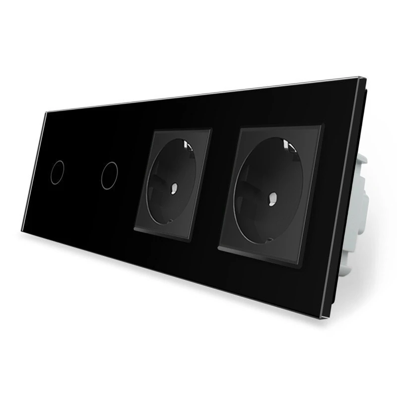 Сенсорний вимикач 2 сенсора (1-1) 2 розетки Livolo чорний скло (VL-C701/C701/C7C2EU-12)