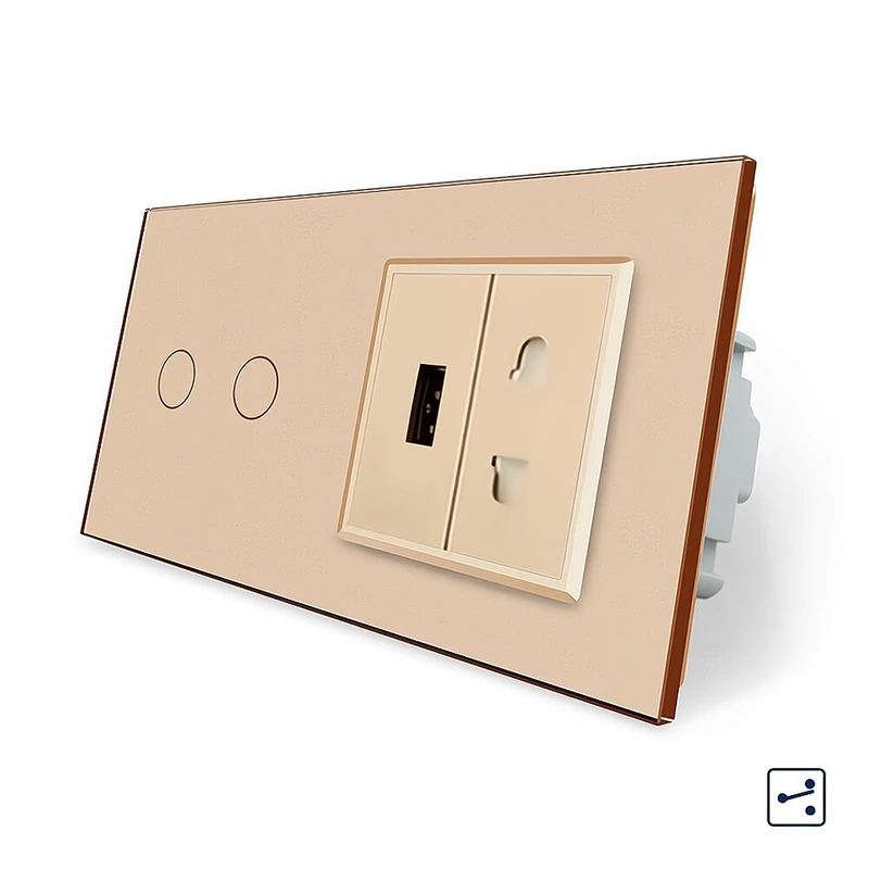 Сенсорний прохідний/перехресний вимикач 2 сенсора 1 розетка 1 USB Livolo золотий скло (VL-C702S/C7USBC1A-13)