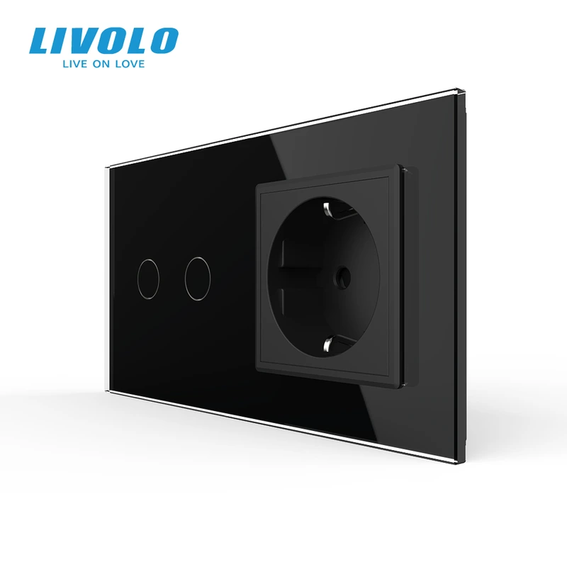 Сенсорний вимикач 2 сенсора 1 розетка LIVOLO чорний матовий скляний — Livolo