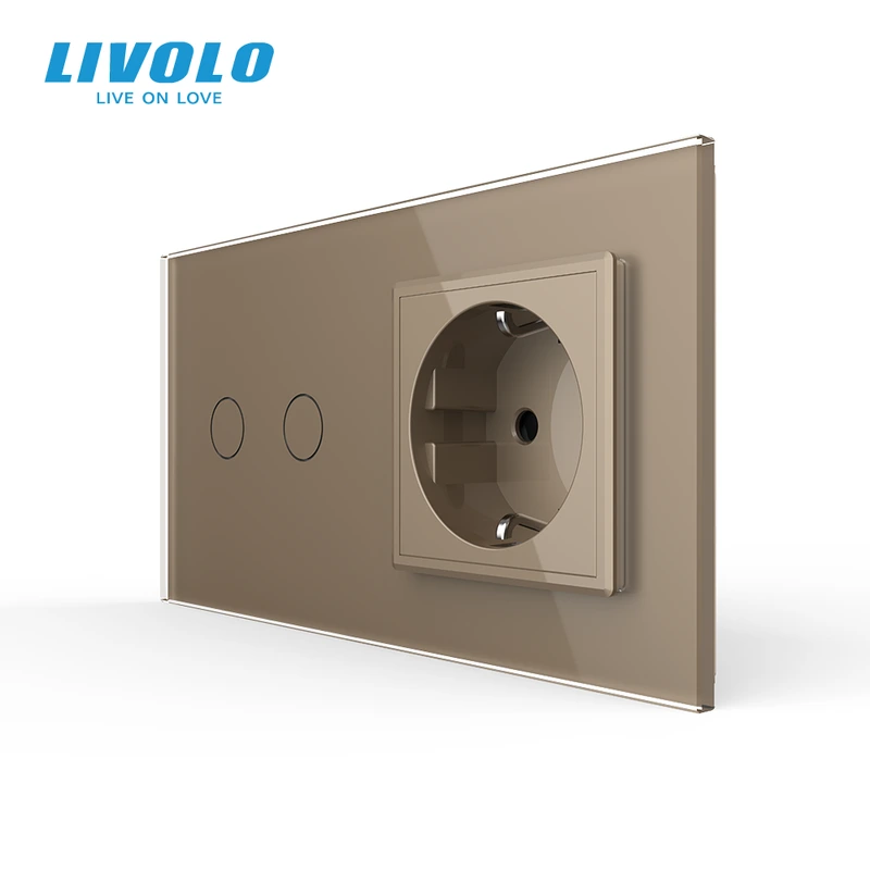 Сенсорний прохідний/перехресний вимикач 2 сенсора 1 розетка LIVOLO золото матове скло — Livolo