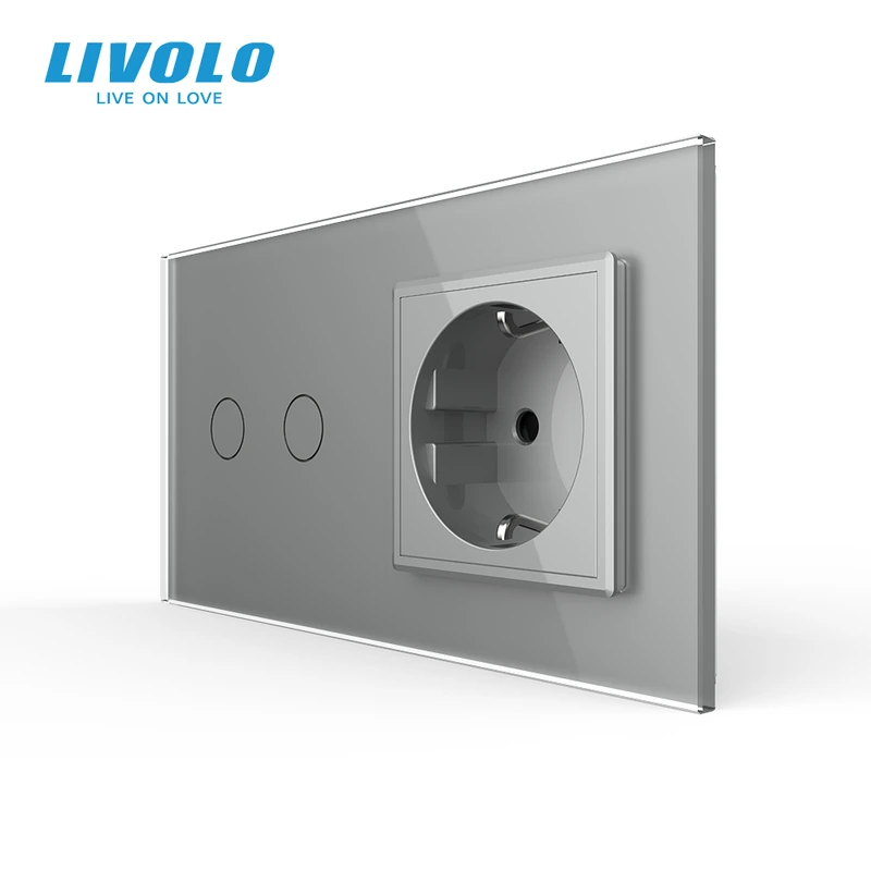 Сенсорний прохідний/перехресний вимикач 2 сенсора 1 розетка LIVOLO сірий матове скло — Livolo