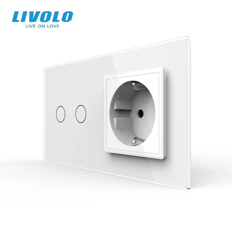 Сенсорний прохідний/перехресний вимикач 2 сенсора 1 розетка LIVOLO білий матове скло — Livolo