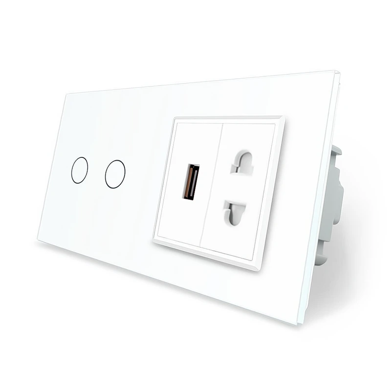 Сенсорний вимикач 2 сенсора 1 USB 1 розетка універсальна Livolo білий скло (VL-C702/C7USBC1A-11)