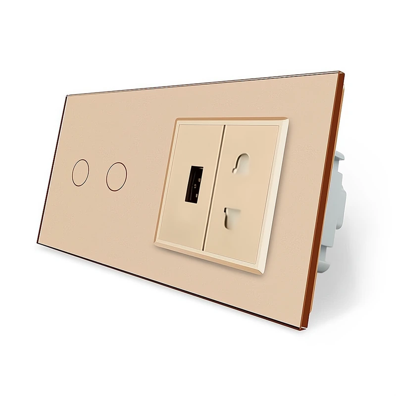 Сенсорний вимикач 2 сенсора 1 USB 1 розетка універсальна Livolo золотий скло (VL-C702/C7USBC1A-13)