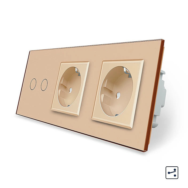 Сенсорний прохідний/перехресний вимикач 2 сенсора 2 розетки Livolo золото скло (VL-C702S/C7C2EU-13)