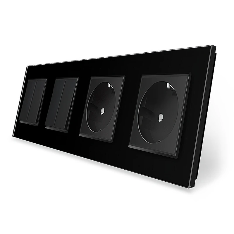 Чотирьохклавішний вимикач (2-2) з подвійною розеткою LIVOLO чорний матовий скло — Livolo