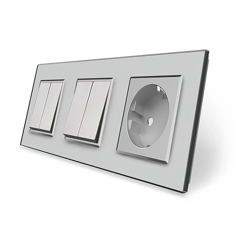 Чотирьохклавішний вимикач (2-2) з розеткою Livolo сірий скло (VL-C7K2/K2/FCTC16A-6IP)
