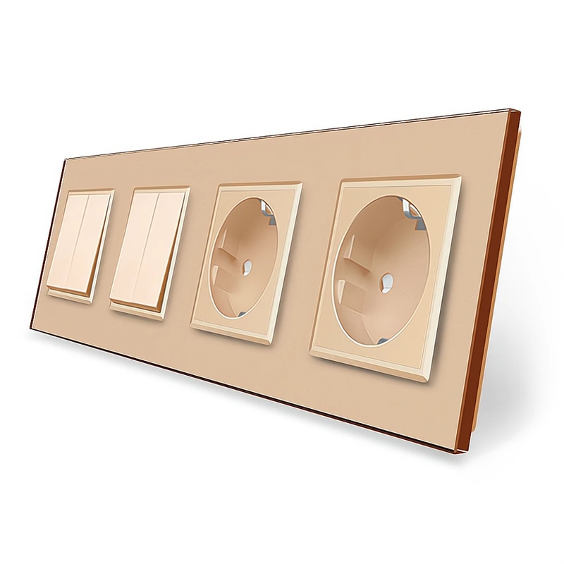 Чотирьохклавішний вимикач (2-2) з подвійною розеткою Livolo золотий скло (VL-C7K2/K2/FCTC16A/FCTC16A-8AP)