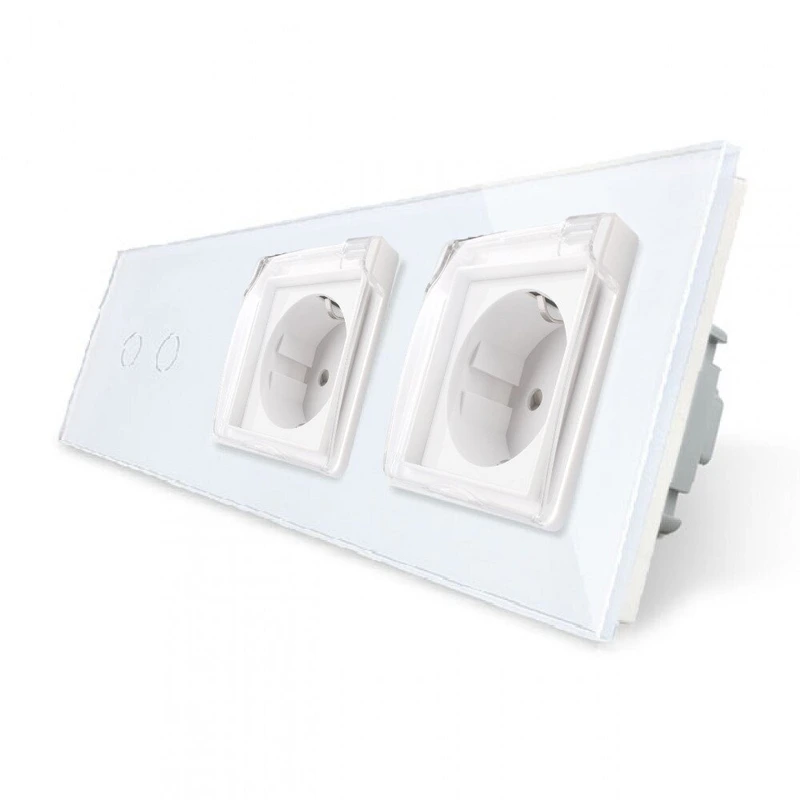 Сенсорний вимикач на 2 сенсори + подвійна розетка вологозахисна з кришкою IP44, з заземленням, біла скляна рамка, шторки, LIVOLO (VL-C702/C7C2EUWF-11)