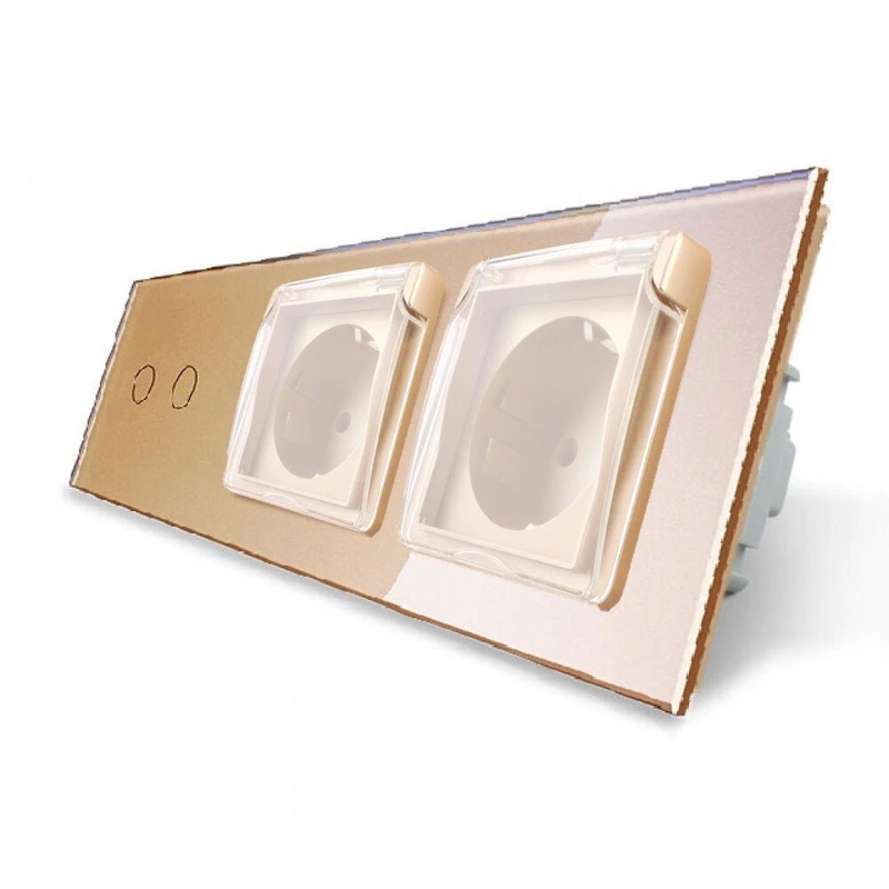 Сенсорний вимикач на 2 сенсори + подвійна розетка вологозахисна з кришкою IP44, з заземленням, золота скляна рамка, шторки, LIVOLO (VL-C702/C7C2EUWF-13)