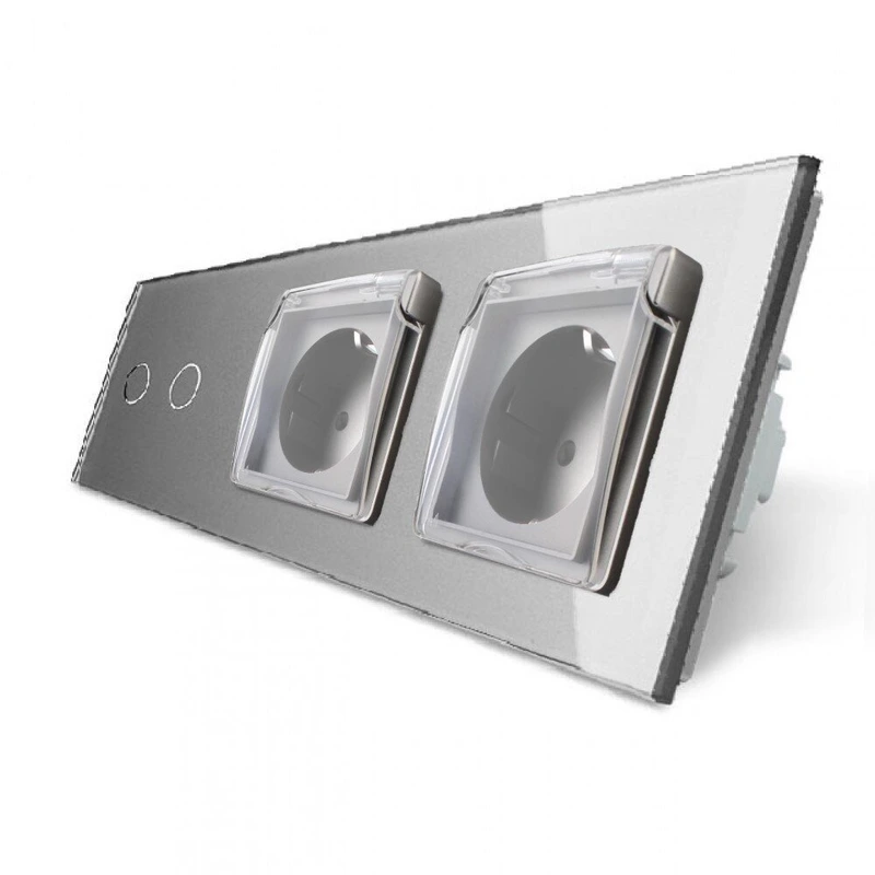 Сенсорний вимикач на 2 сенсори + подвійна розетка вологозахисна з кришкою IP44, з заземленням, сіра скляна рамка, шторки, LIVOLO (VL-C702/C7C2EUWF-15)