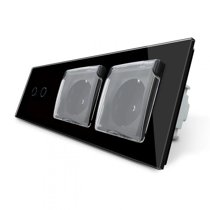 Сенсорний вимикач на 2 сенсори + подвійна розетка вологозахисна з кришкою IP44, з заземленням, чорна скляна матова рамка, шторки, LIVOLO — Livolo