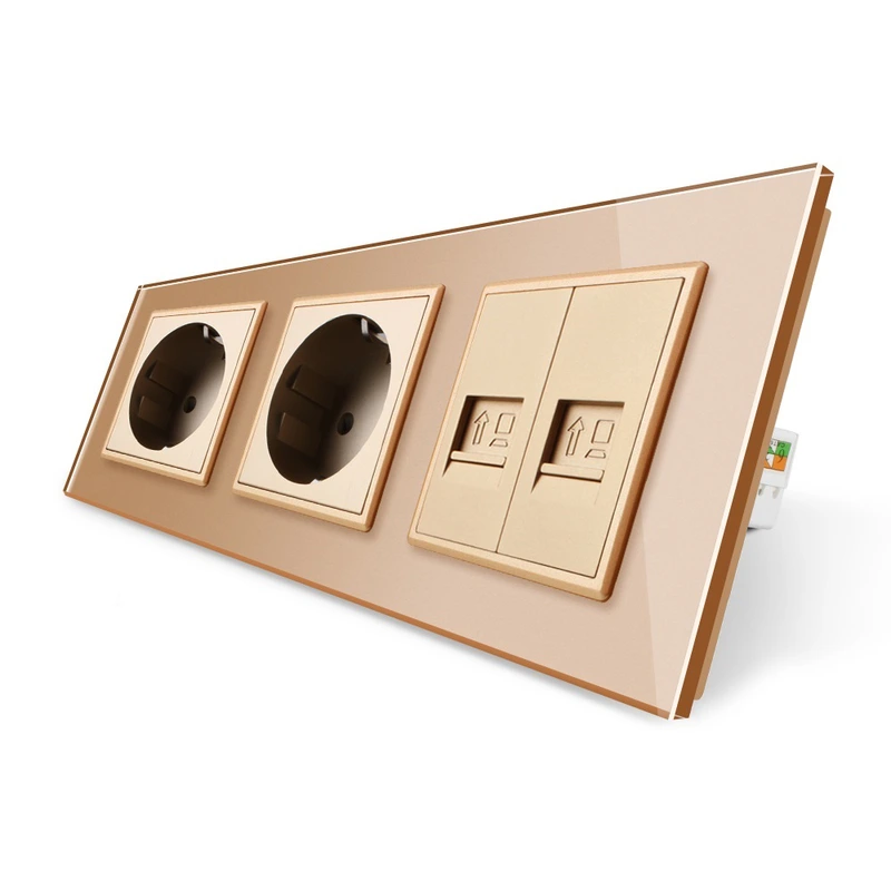 Розетка тримісна комбінована Силова 2 Інтернет Livolo золотий скло (VL-C7C2EU2CK0-13)