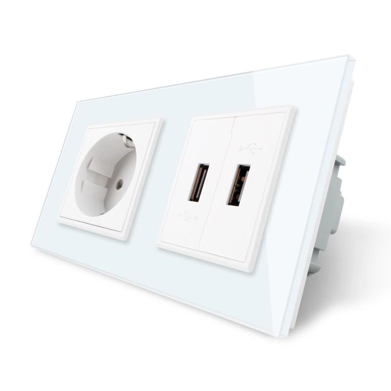 Розетка з заземленням з 2 USB розетками Livolo білий скло (VL-C7C1EU2USB-11)