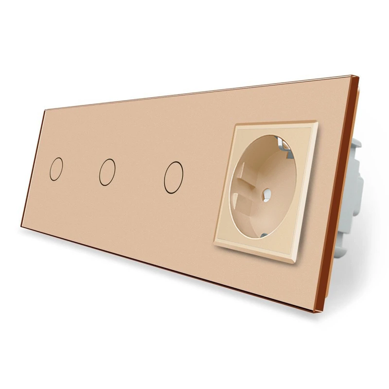 Сенсорний вимикач 3 сенсора (1-1-1) 1 розетка Livolo золото скло (VL-C703/C7C1EU-13)