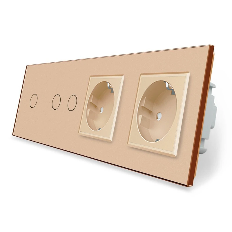 Сенсорний вимикач 3 сенсора (1-2) 2 розетки Livolo золото скло (VL-C701/C702/C7C2EU-13)