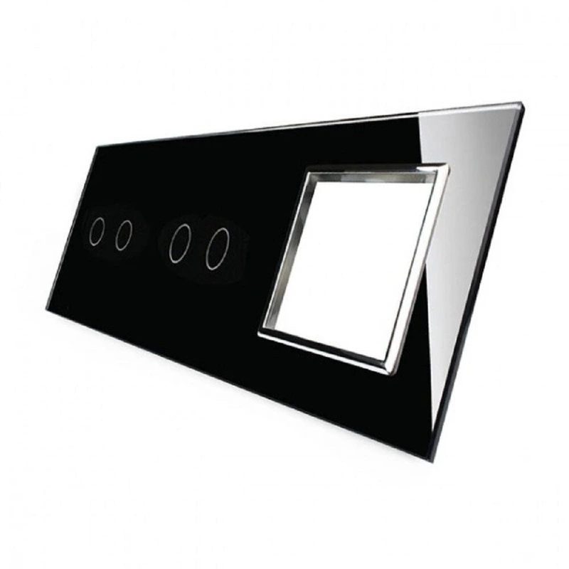 Рамка 3-постова для двох 2-сенсорних вимикачів і розетки (2-2-0) LIVOLO, загартоване скло, чорна з хромованою вставкою, 223×80 мм (VL-P702/02/E-6BC)