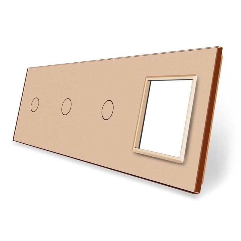 Рамка 4-постова для трьох 1-сенсорних вимикачів і розетки (1-1-1-0) LIVOLO, загартоване скло, золота, 294×80 мм (VL-P701/01/01/E-8A)