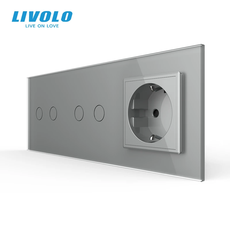 Сенсорний прохідний/перехресний вимикач 4 сенсора (2-2) 1 розетка LIVOLO сірий матове скло — Livolo