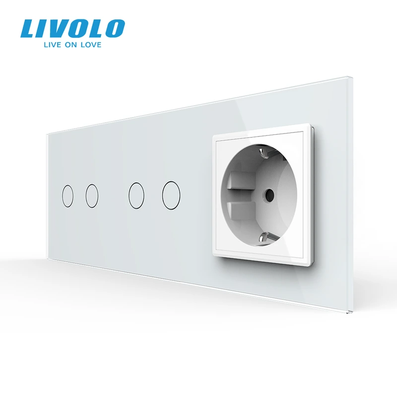 Сенсорний прохідний/перехресний вимикач 4 сенсора (2-2) 1 розетка LIVOLO білий матове скло
